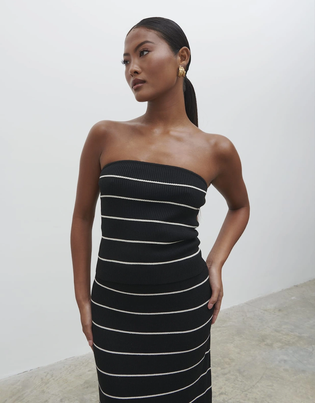 Louisa Stripe Bandeau Knit Top - Black and Cream