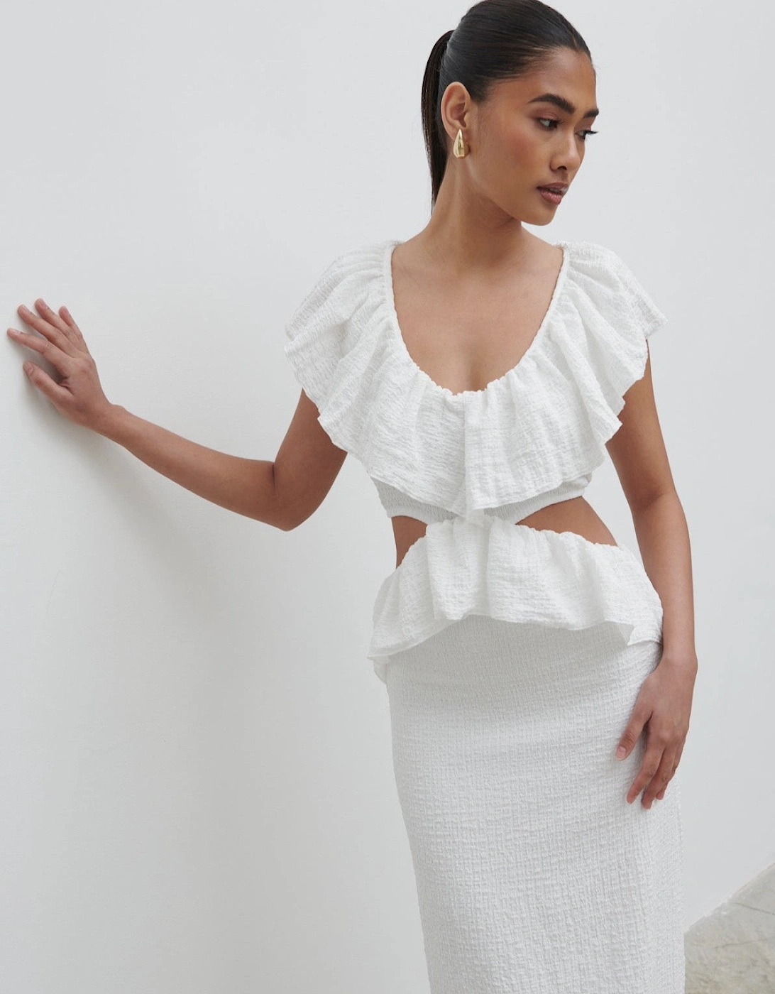 Ellis Crinkle Ruffle Jersey Dress - Cream