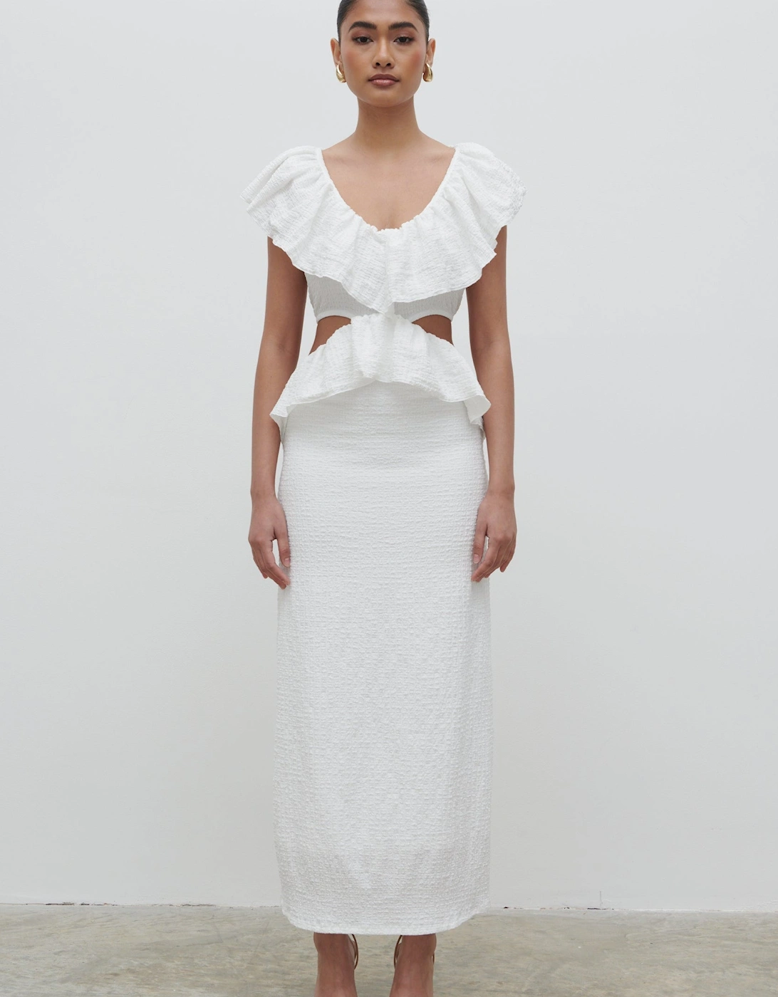Ellis Crinkle Ruffle Jersey Dress - Cream