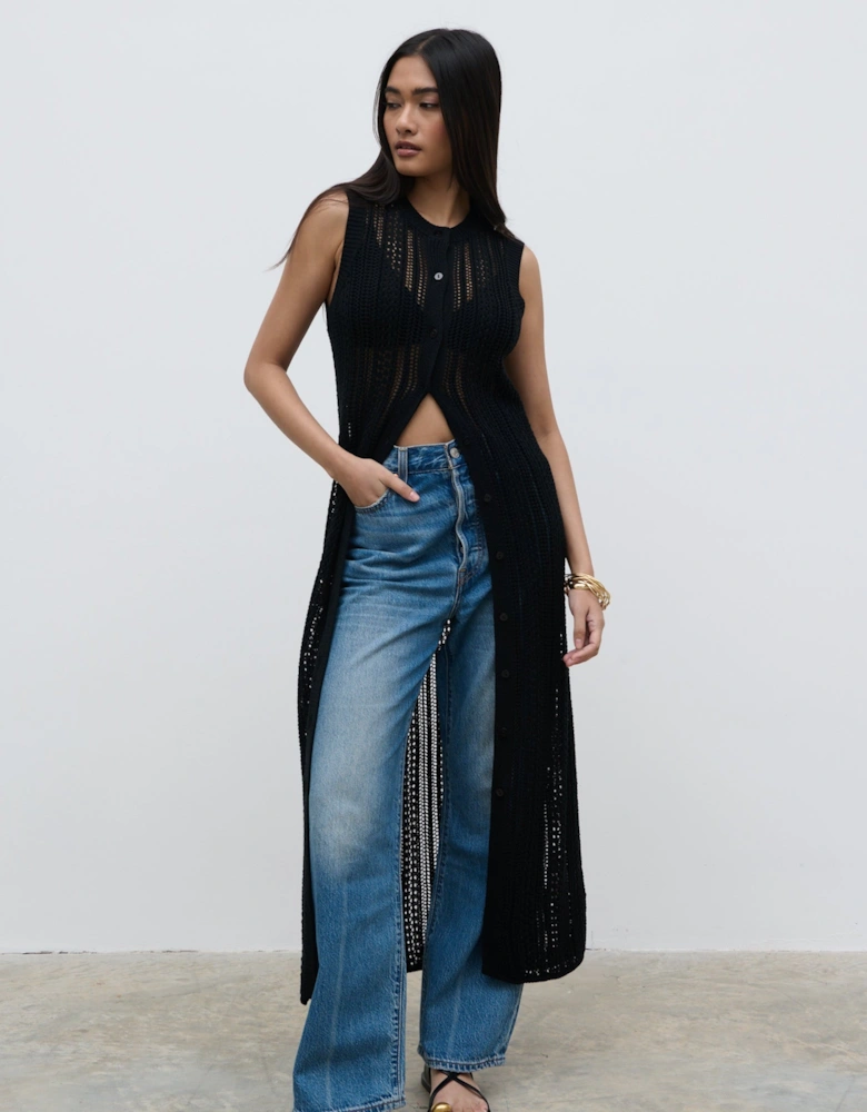 Helen Longline Open Knit Cardigan - Black
