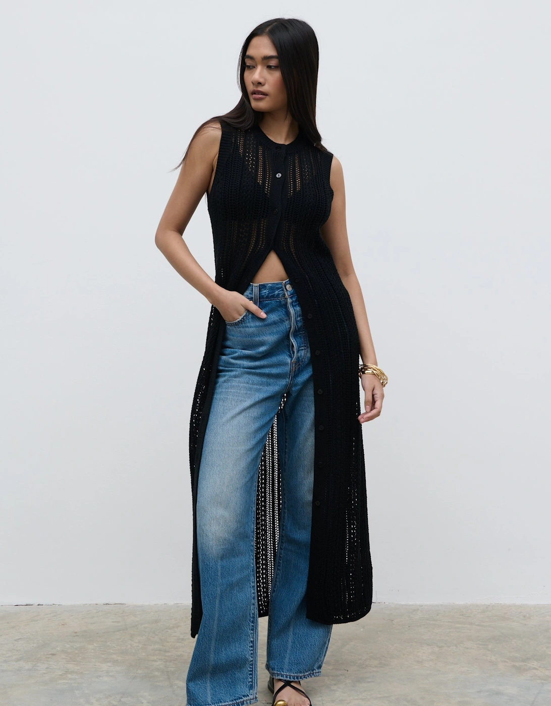 Helen Longline Open Knit Cardigan - Black