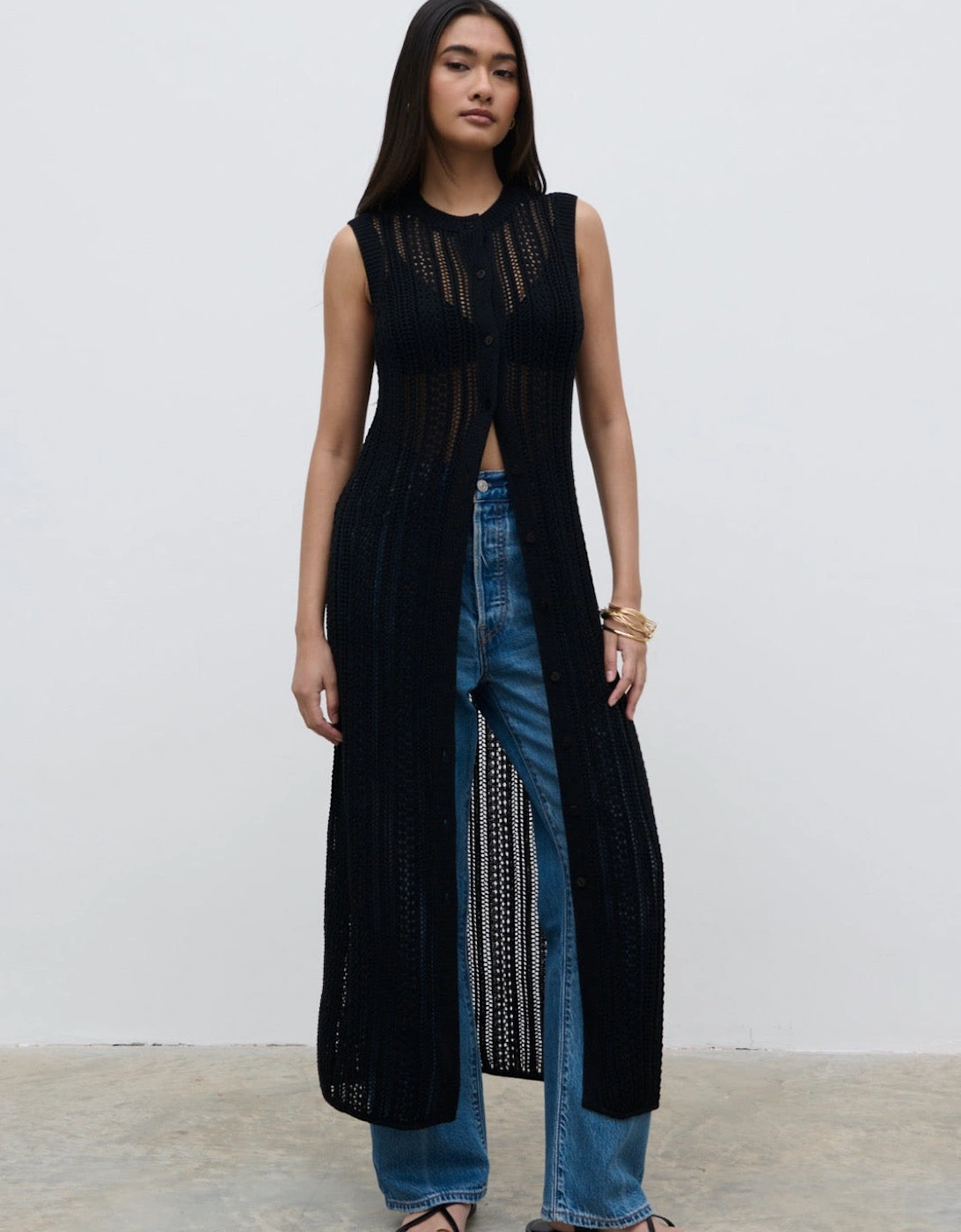 Helen Longline Open Knit Cardigan - Black