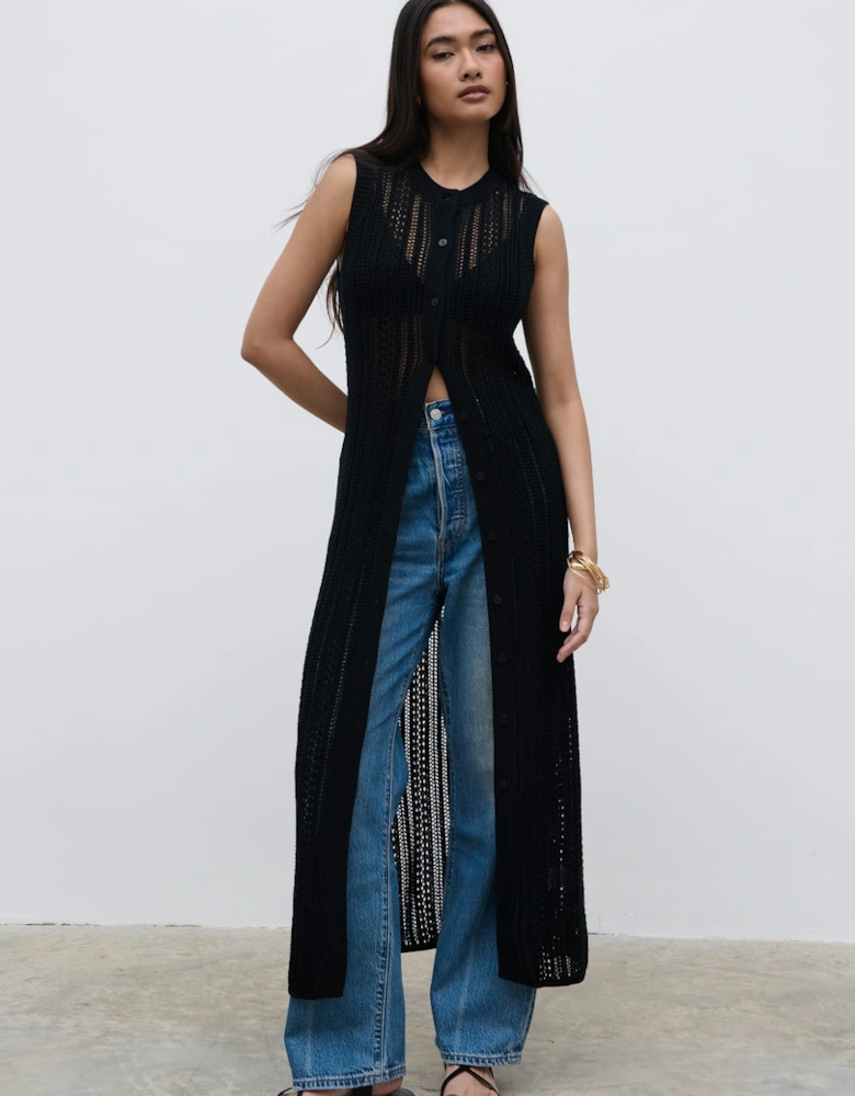 Helen Longline Open Knit Cardigan - Black
