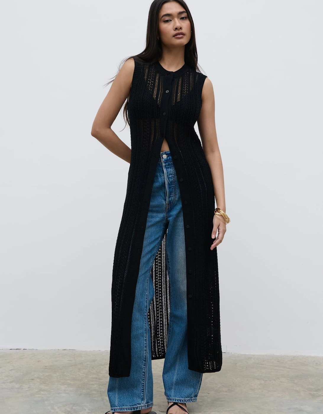 Helen Longline Open Knit Cardigan - Black