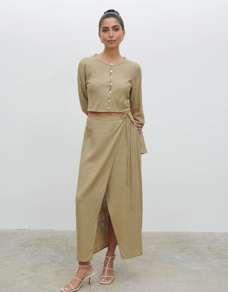 Abigail Wrap Linen Midaxi Skirt - Olive