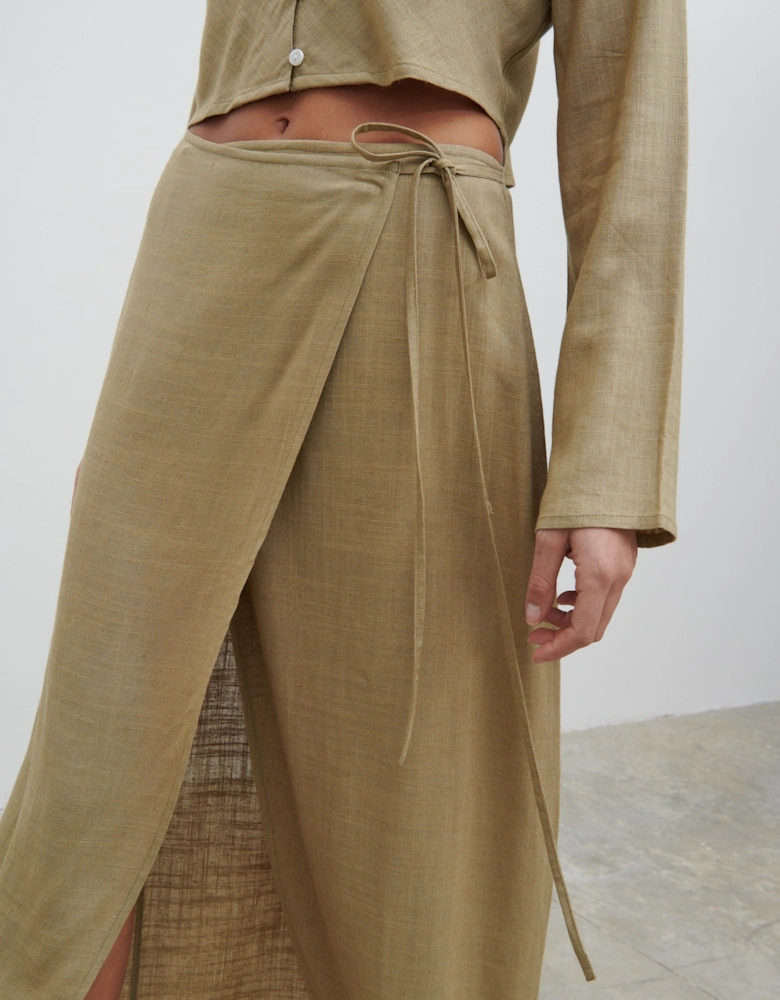 Abigail Wrap Linen Midaxi Skirt - Olive