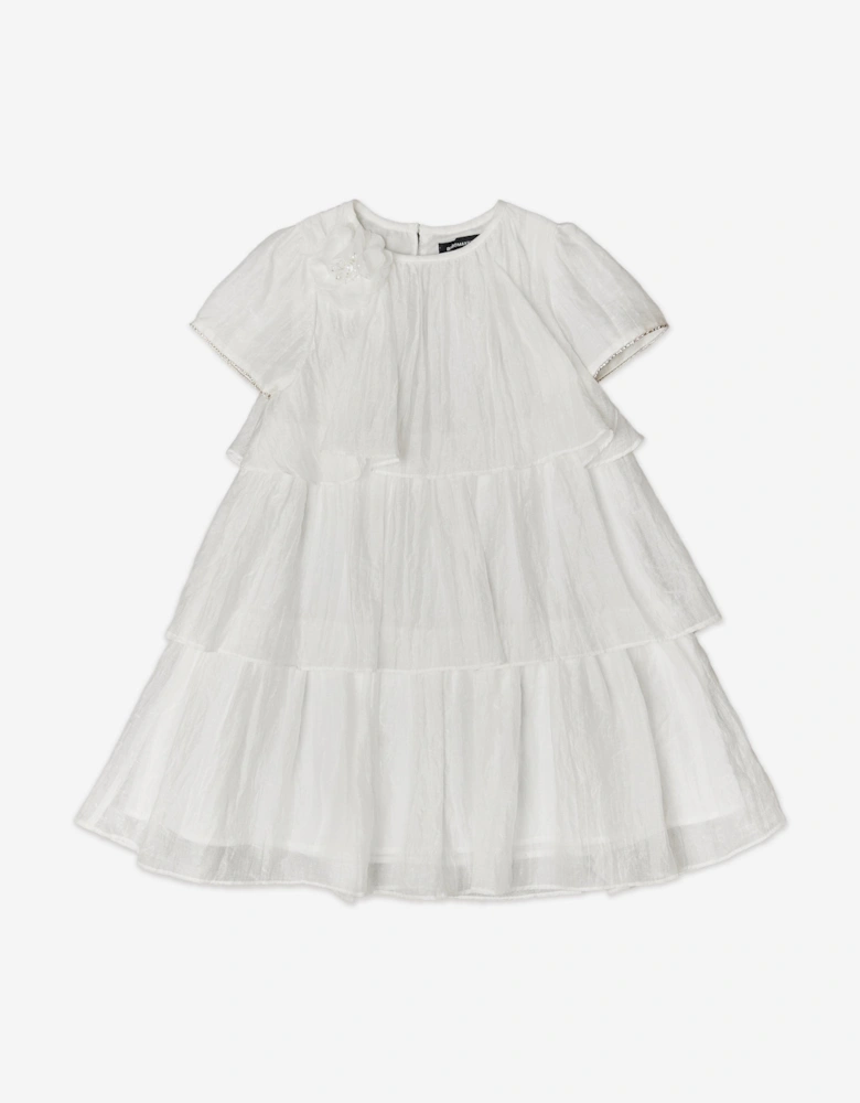 BCBGMAXAZRIA Girls Shimmer Ruffle Dress with 3D Flower in White