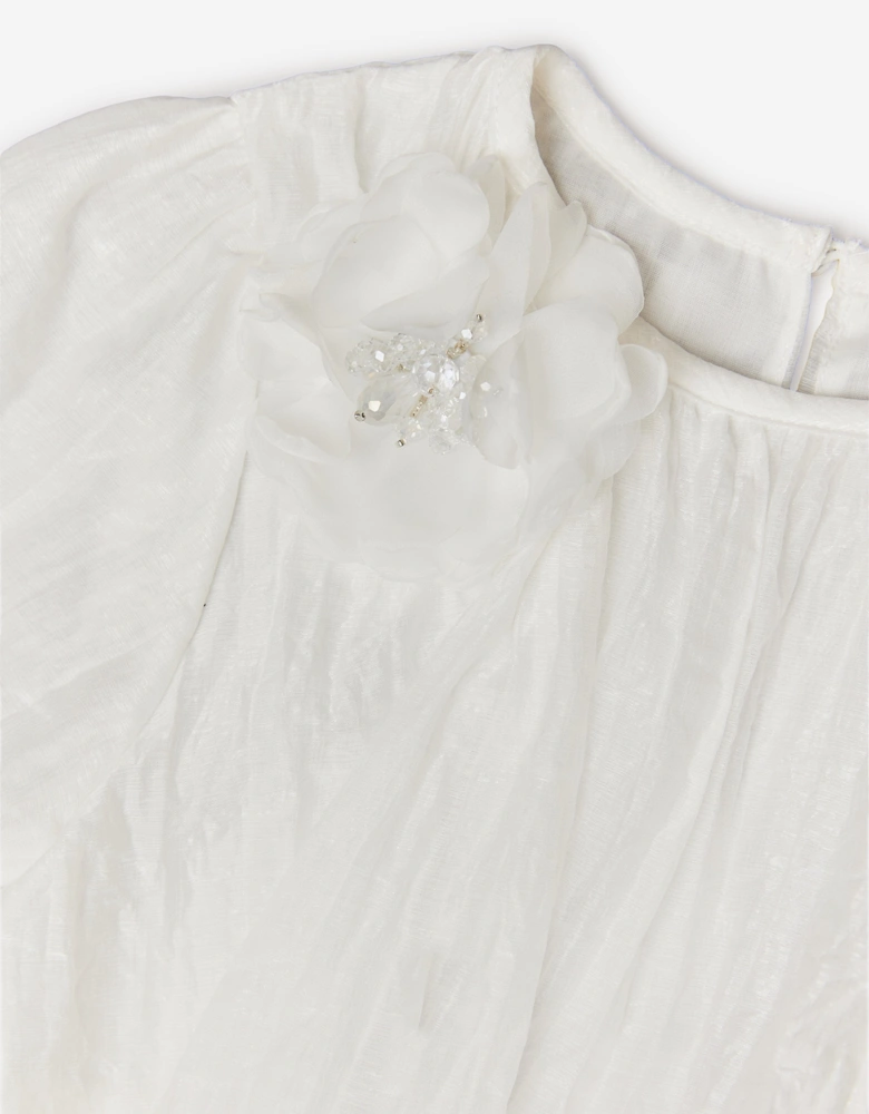 BCBGMAXAZRIA Girls Shimmer Ruffle Dress with 3D Flower in White