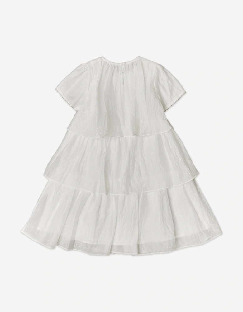 BCBGMAXAZRIA Girls Shimmer Ruffle Dress with 3D Flower in White