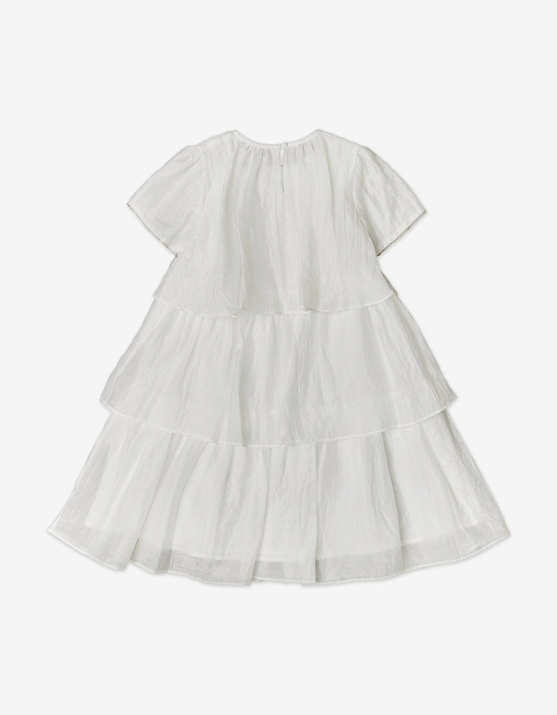 BCBGMAXAZRIA Girls Shimmer Ruffle Dress with 3D Flower in White