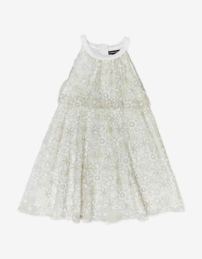 BCBGMAXAZRIA Girls Embroidered Floral Lace Dress in Ivory