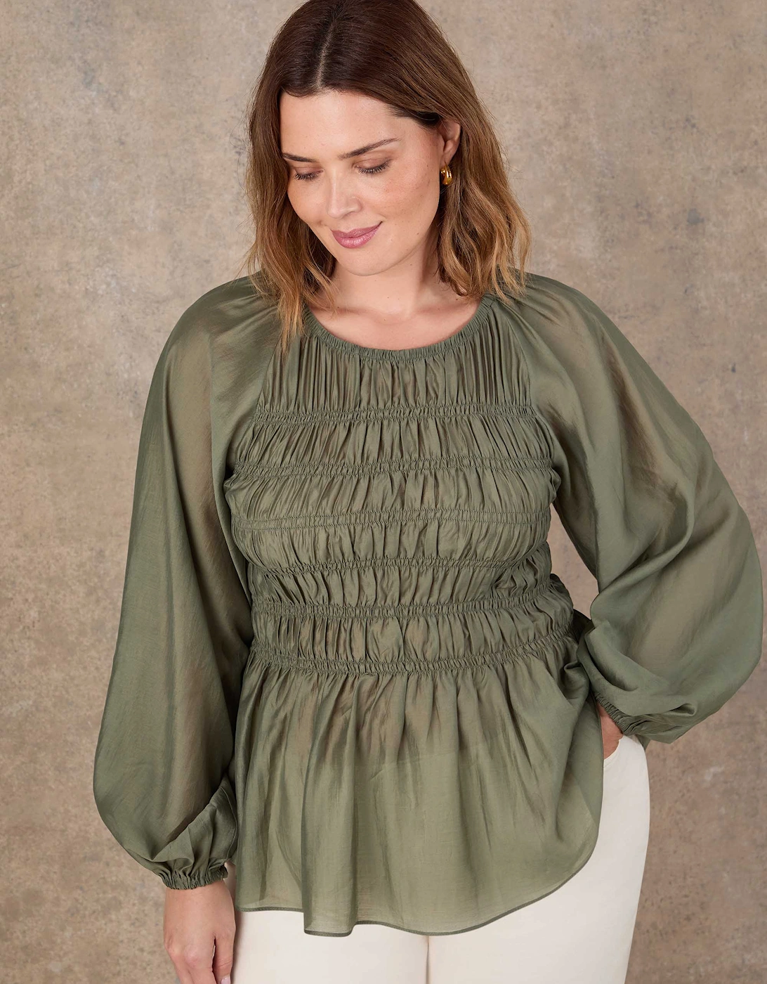 Khaki Shirred Long Sleeve Top, 5 of 4