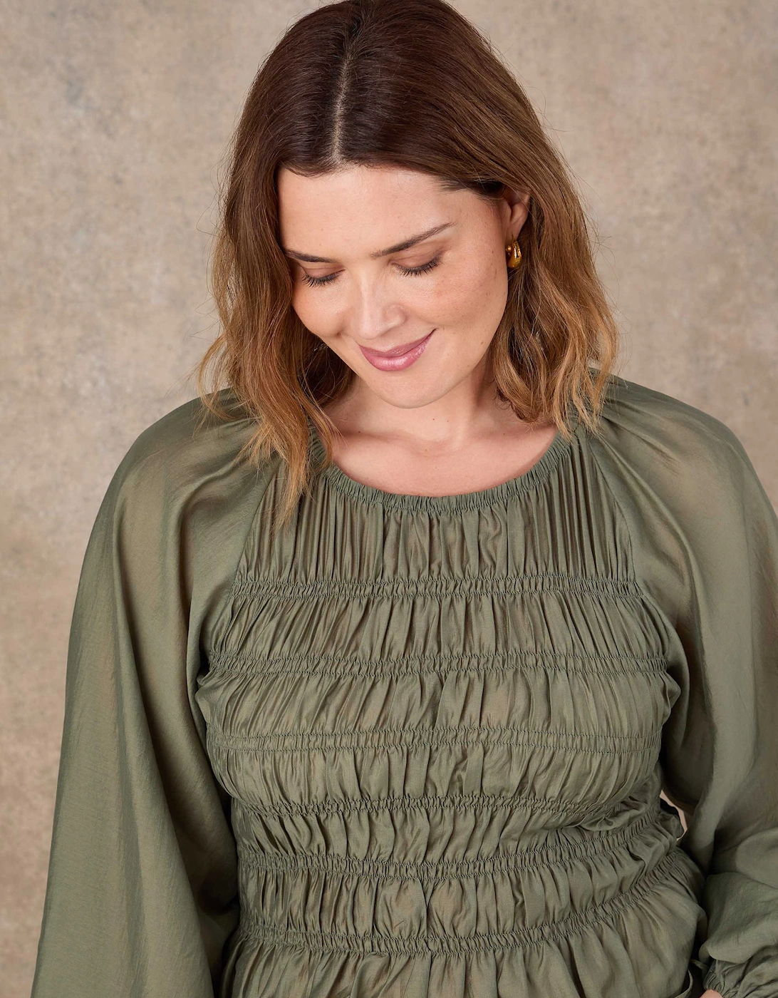 Khaki Shirred Long Sleeve Top