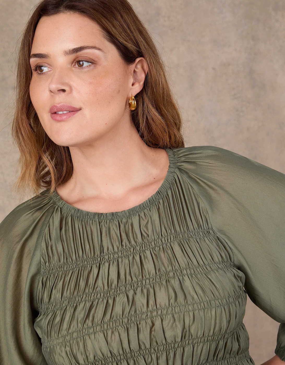 Khaki Shirred Long Sleeve Top