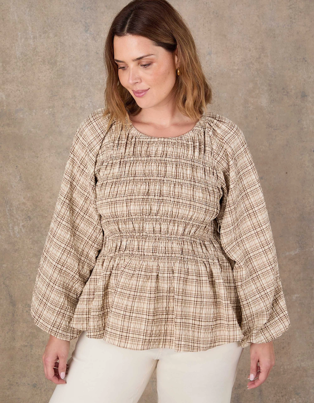 Brown Check Shirred Long Sleeve Top