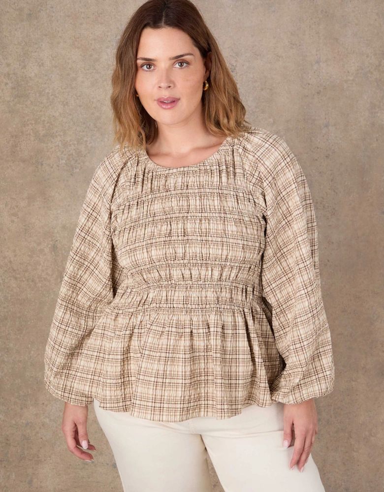 Brown Check Shirred Long Sleeve Top