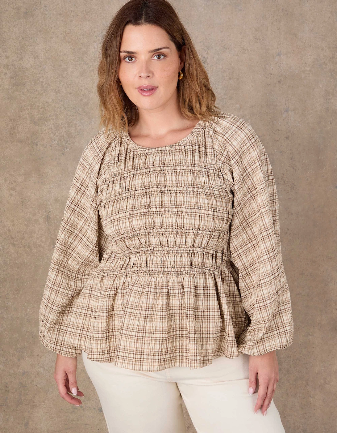 Brown Check Shirred Long Sleeve Top, 4 of 3