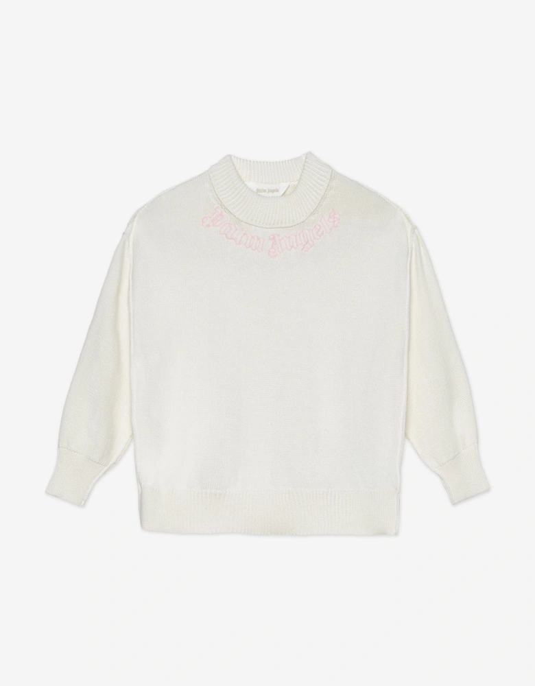 Palm Angels Girls Neck Logo Knit Sweatshirt in Ivory
