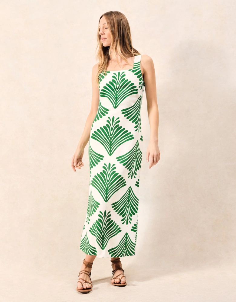 Green Fan Print Square Neck Dress