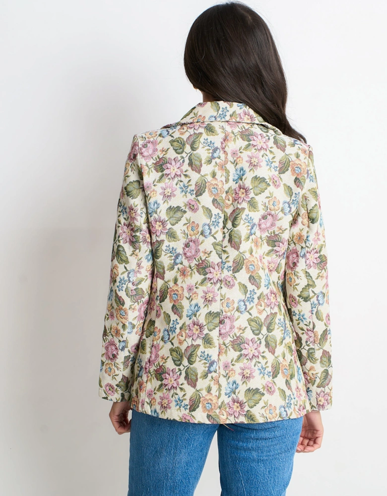 Beige Floral Jacquard Tailored Blazer