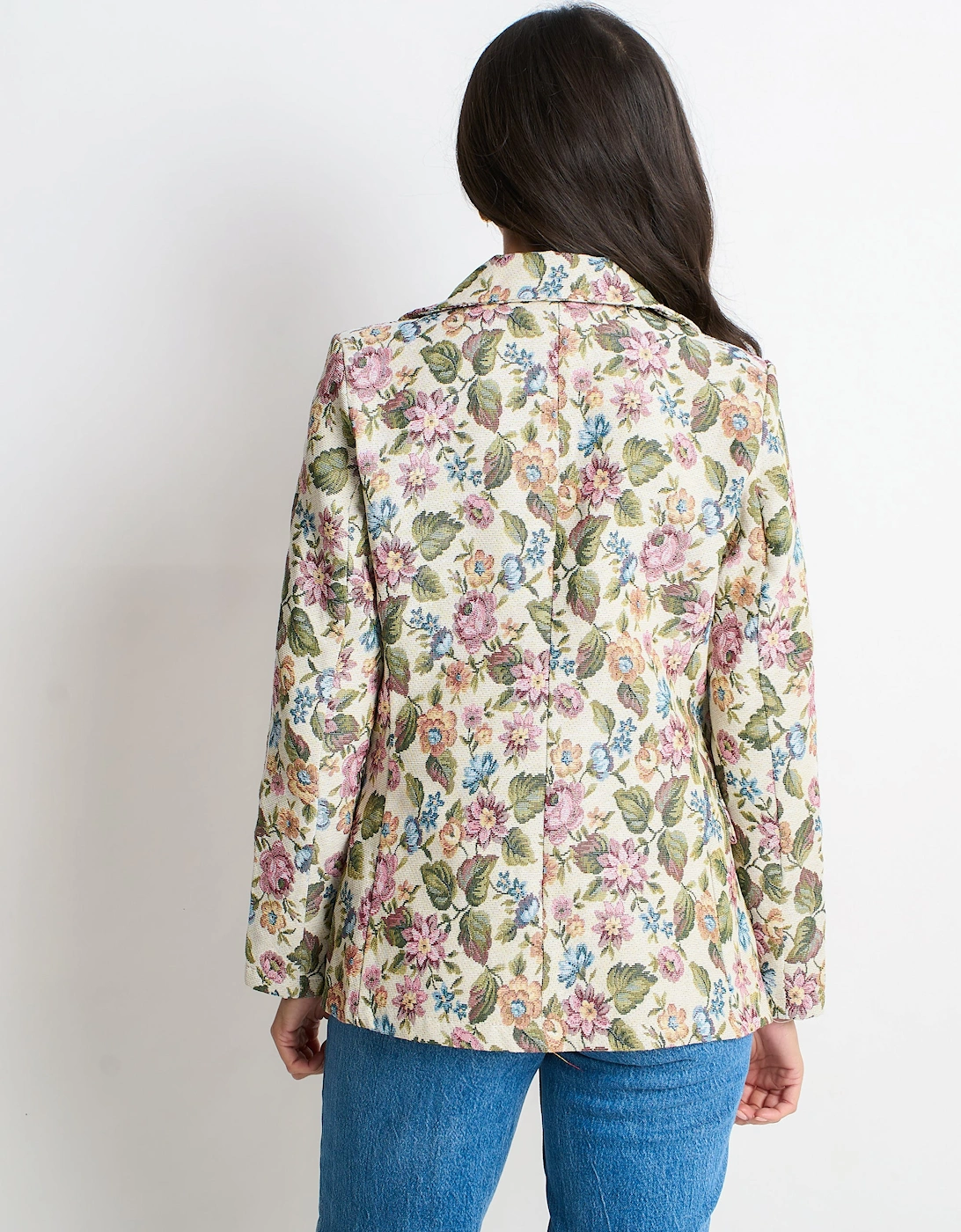 Beige Floral Jacquard Tailored Blazer