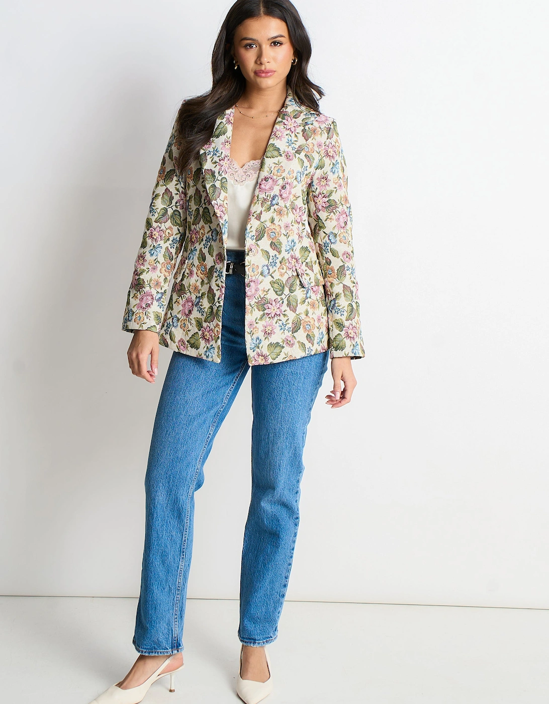 Beige Floral Jacquard Tailored Blazer