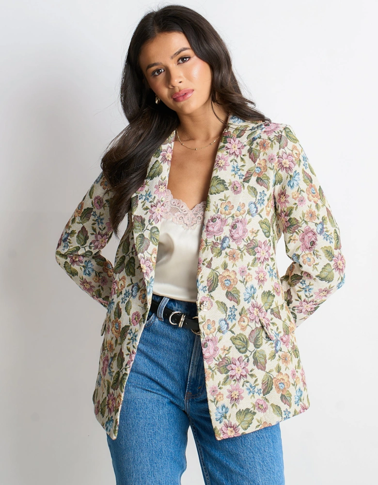 Beige Floral Jacquard Tailored Blazer