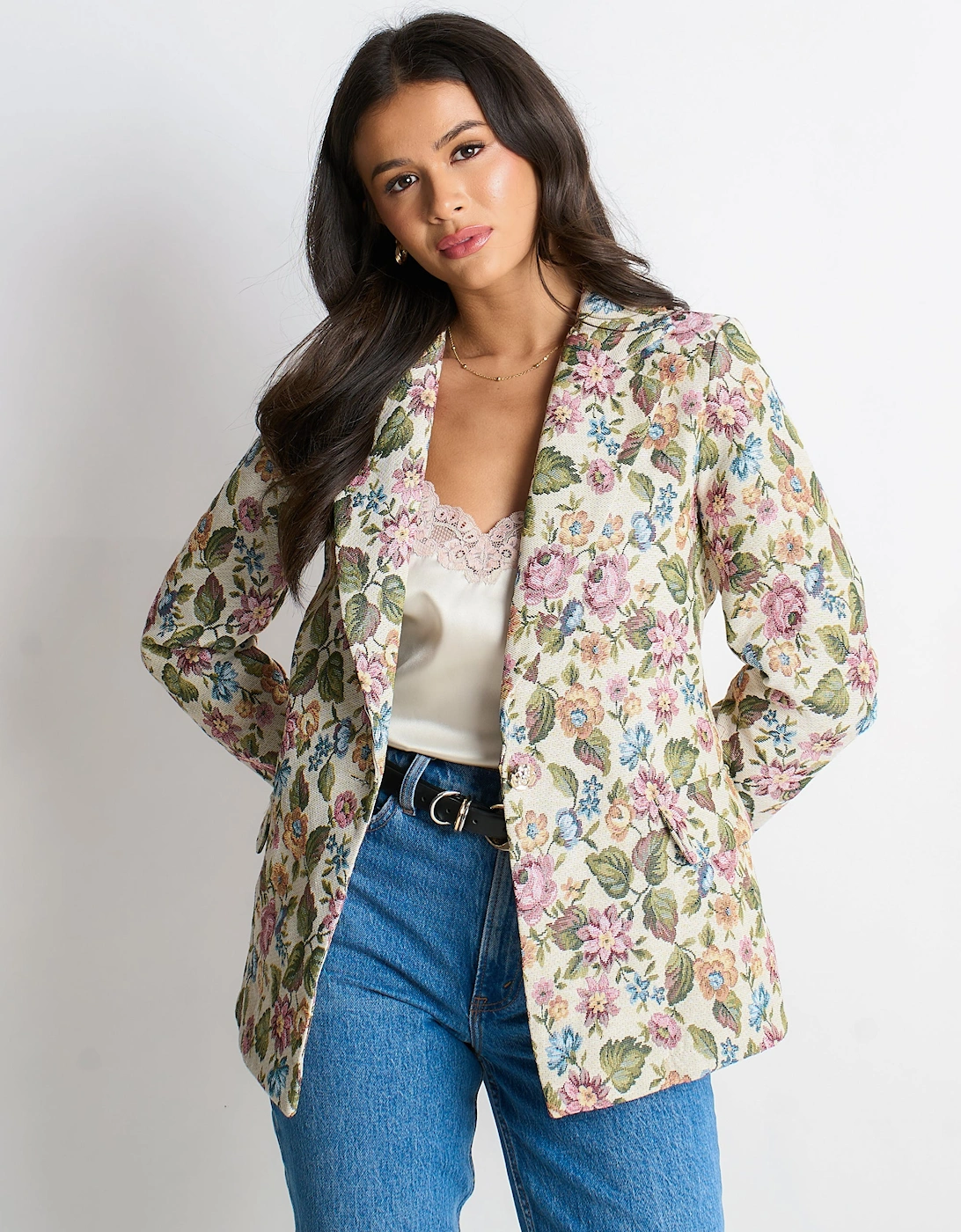 Beige Floral Jacquard Tailored Blazer