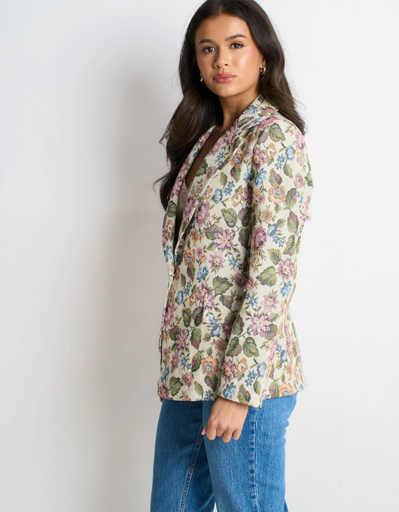 Beige Floral Jacquard Tailored Blazer