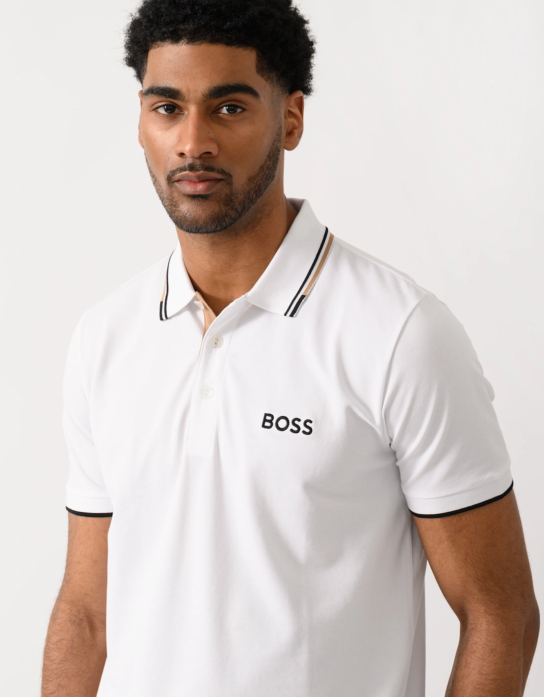 BOSS Green Paddy Pro Mens Cotton Blend Polo Shirt With Contrast Logos - Natural 103