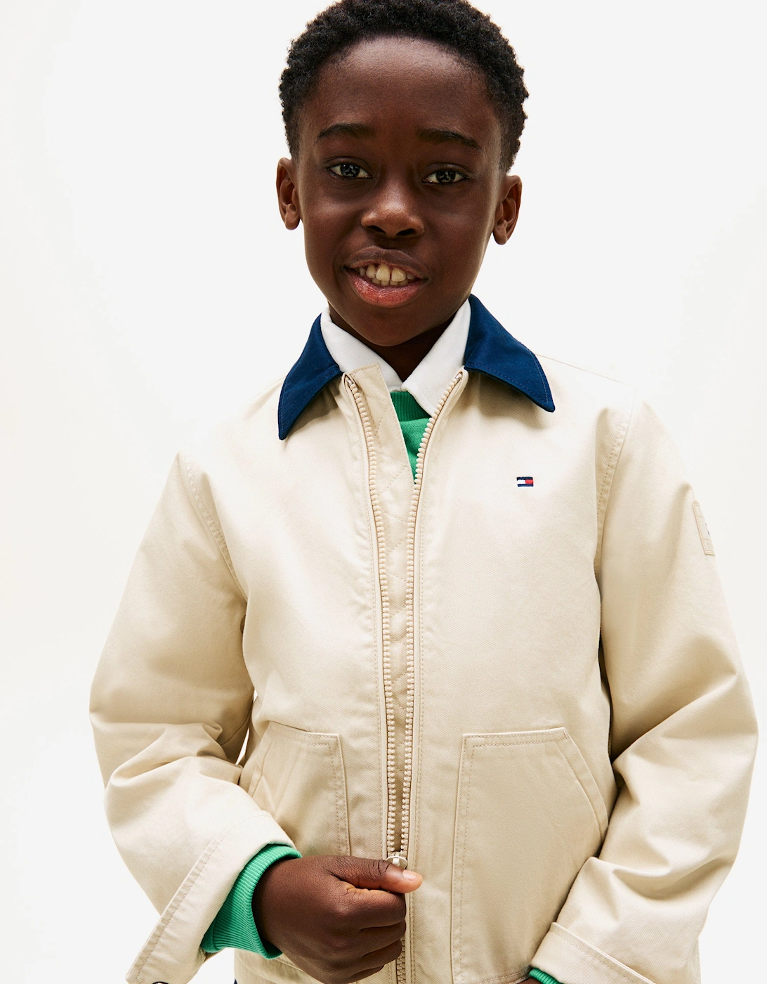 Tommy Hilfiger Boys Contrast Collar Cotton Jacket in Beige