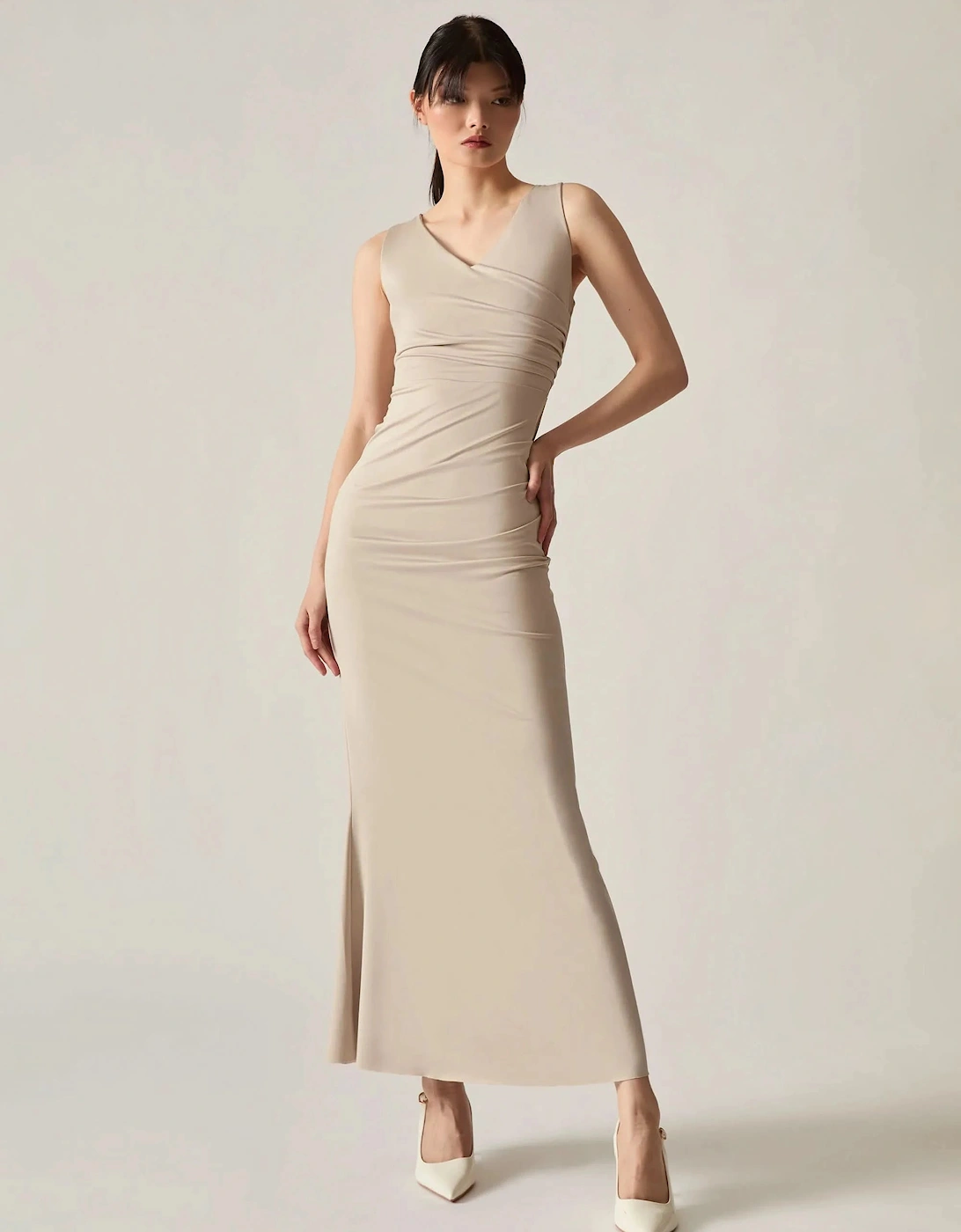 Cream V-Neck Maxi Dress