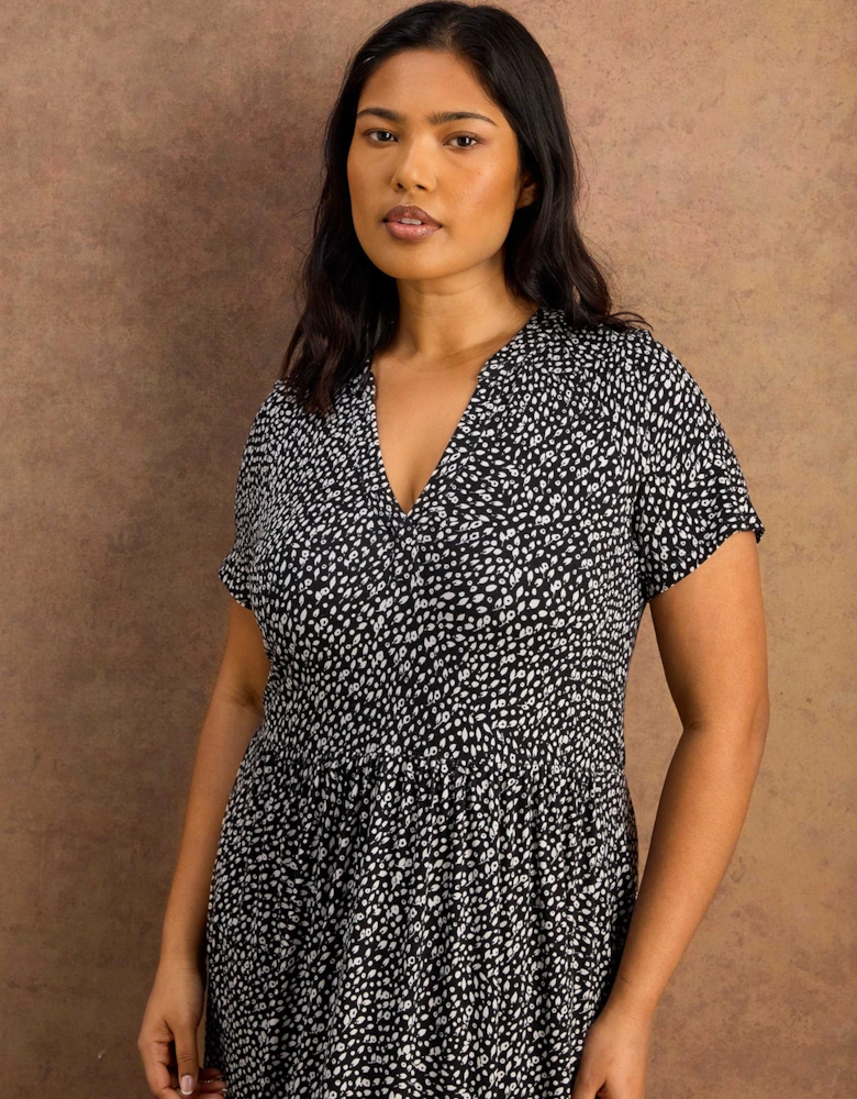 Black Ditsy Print Nehru Collar Tiered Jersey Maxi Dress
