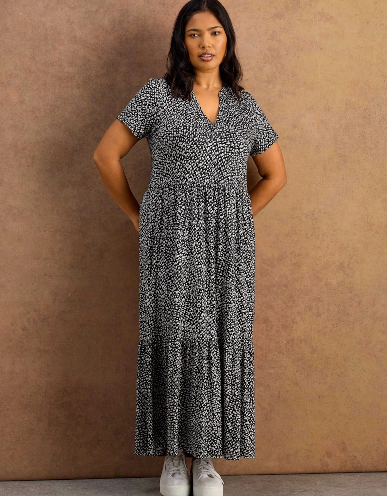 Black Ditsy Print Nehru Collar Tiered Jersey Maxi Dress