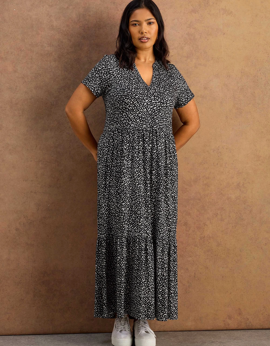 Black Ditsy Print Nehru Collar Tiered Jersey Maxi Dress