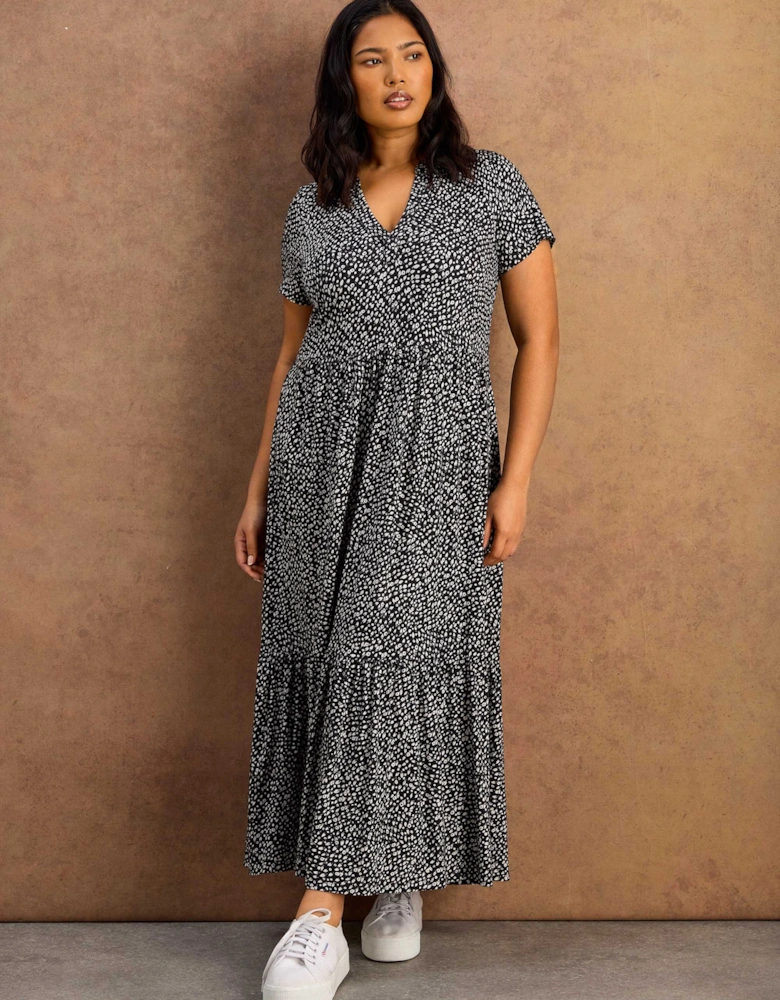 Black Ditsy Print Nehru Collar Tiered Jersey Maxi Dress