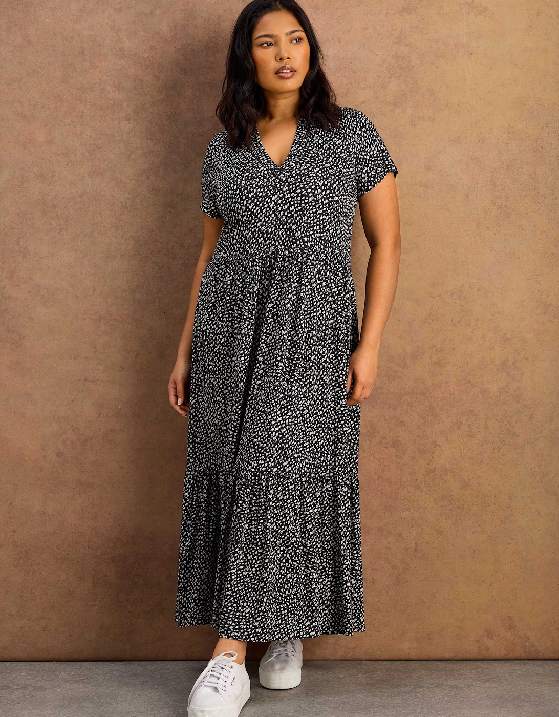Black Ditsy Print Nehru Collar Tiered Jersey Maxi Dress
