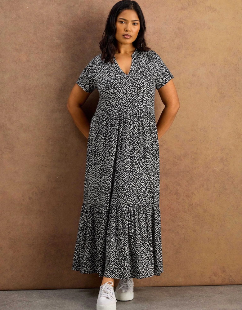 Black Ditsy Print Nehru Collar Tiered Jersey Maxi Dress
