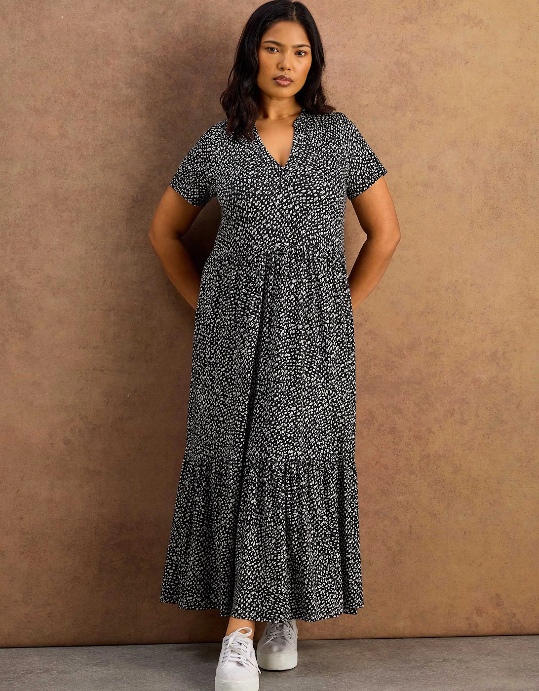 Black Ditsy Print Nehru Collar Tiered Jersey Maxi Dress