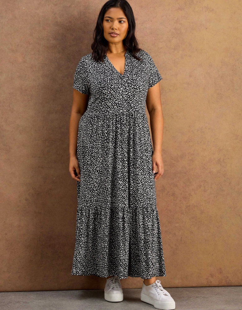 Black Ditsy Print Nehru Collar Tiered Jersey Maxi Dress