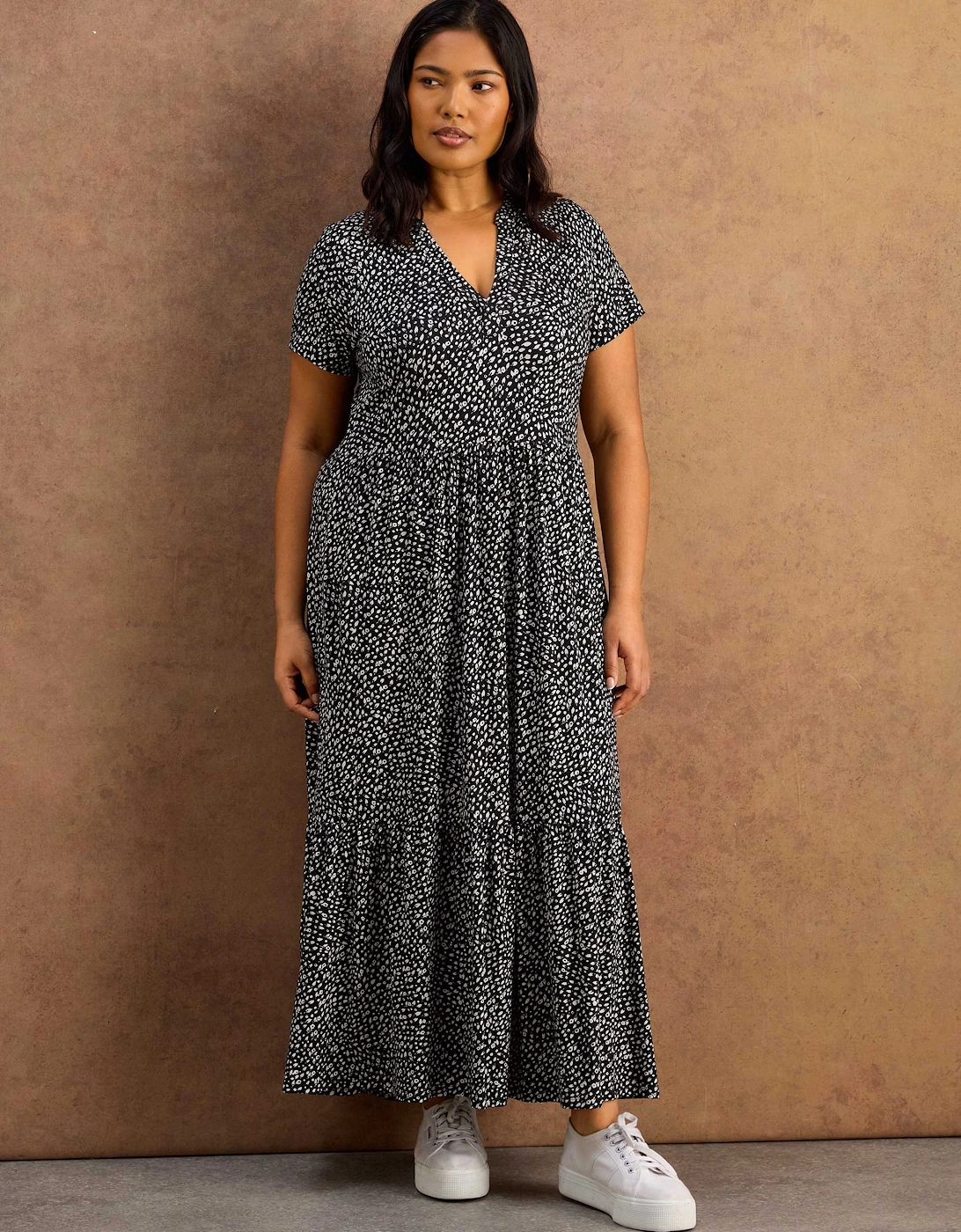 Black Ditsy Print Nehru Collar Tiered Jersey Maxi Dress