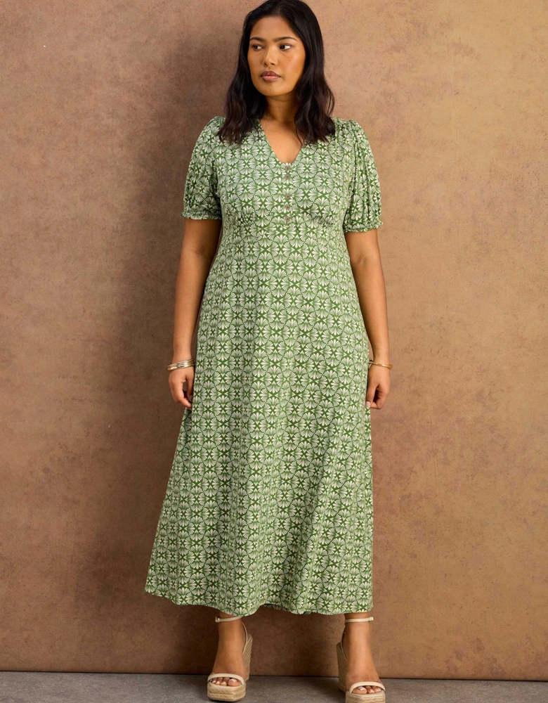 Green Geo Print Jersey Midaxi Dress
