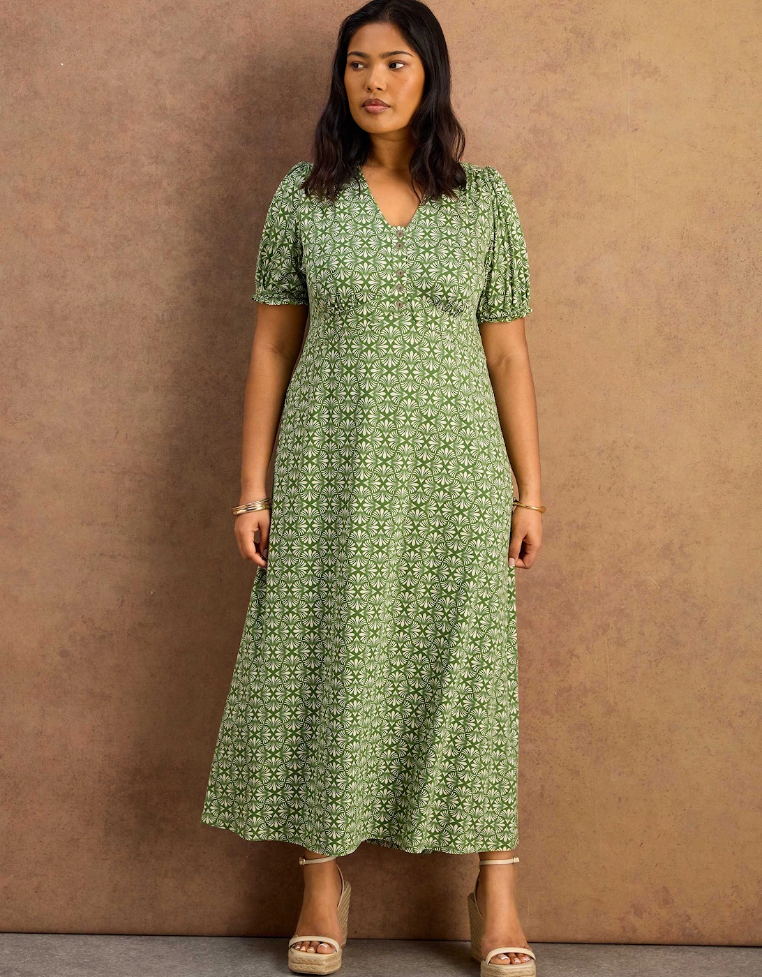 Green Geo Print Jersey Midaxi Dress