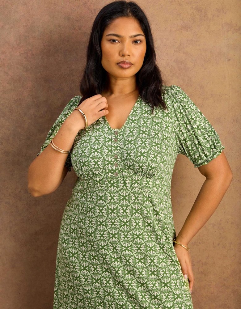 Green Geo Print Jersey Midaxi Dress
