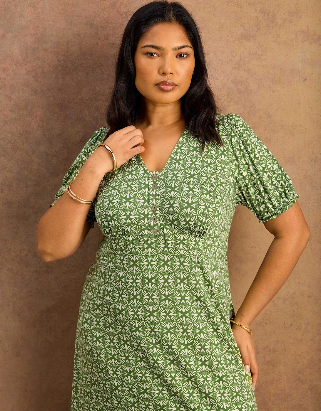 Green Geo Print Jersey Midaxi Dress