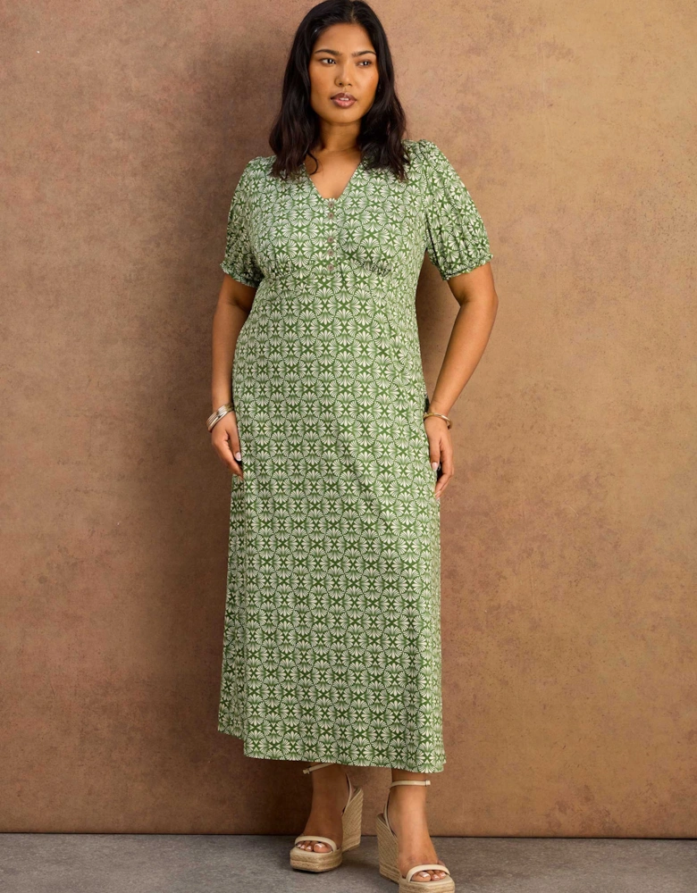 Green Geo Print Jersey Midaxi Dress