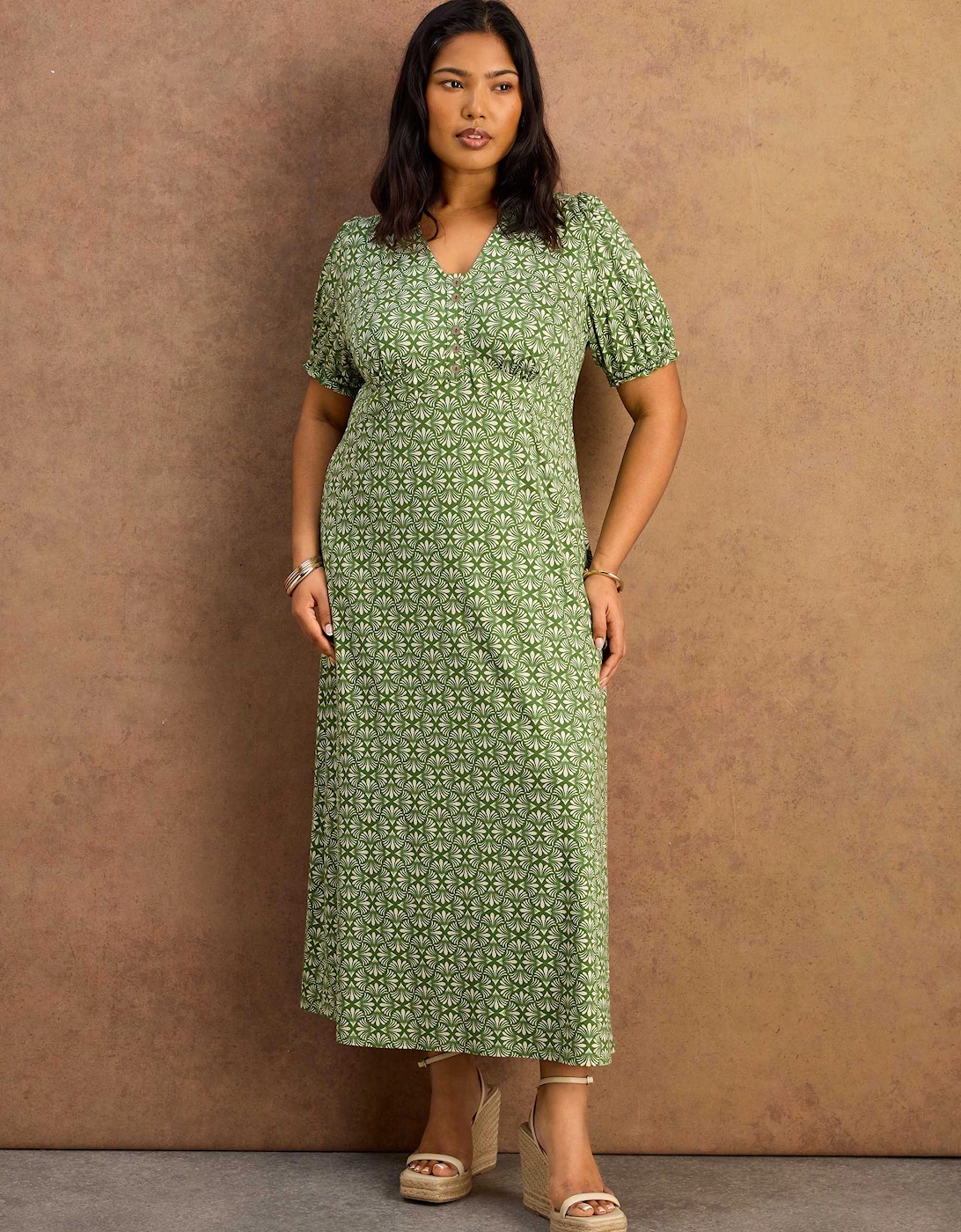 Green Geo Print Jersey Midaxi Dress