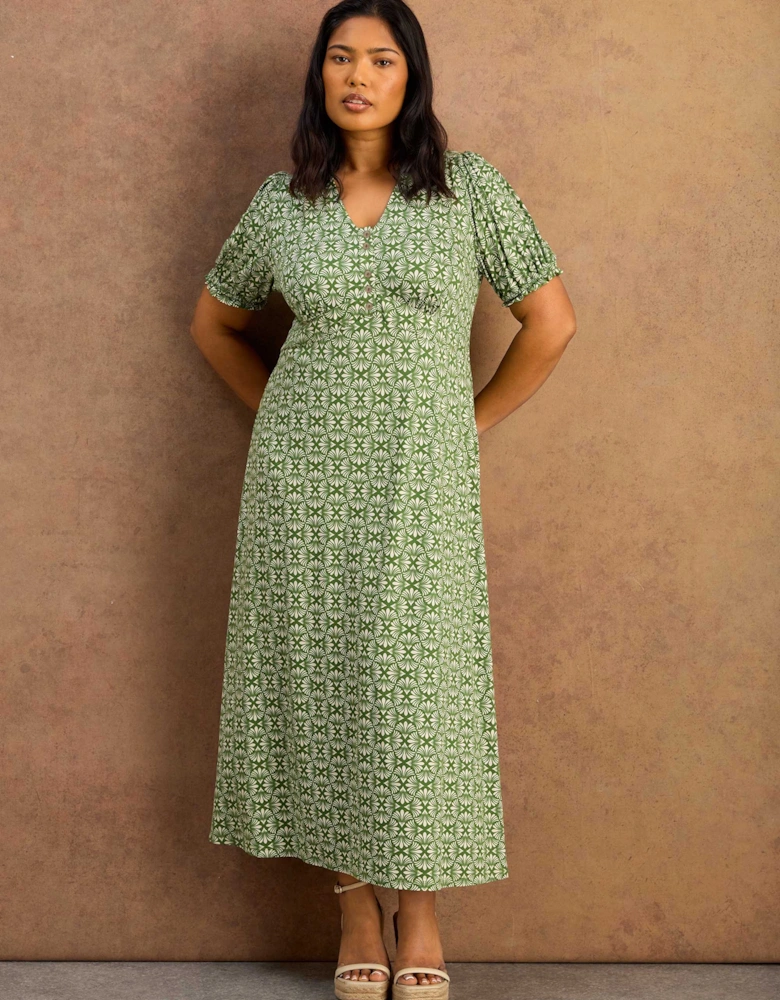 Green Geo Print Jersey Midaxi Dress