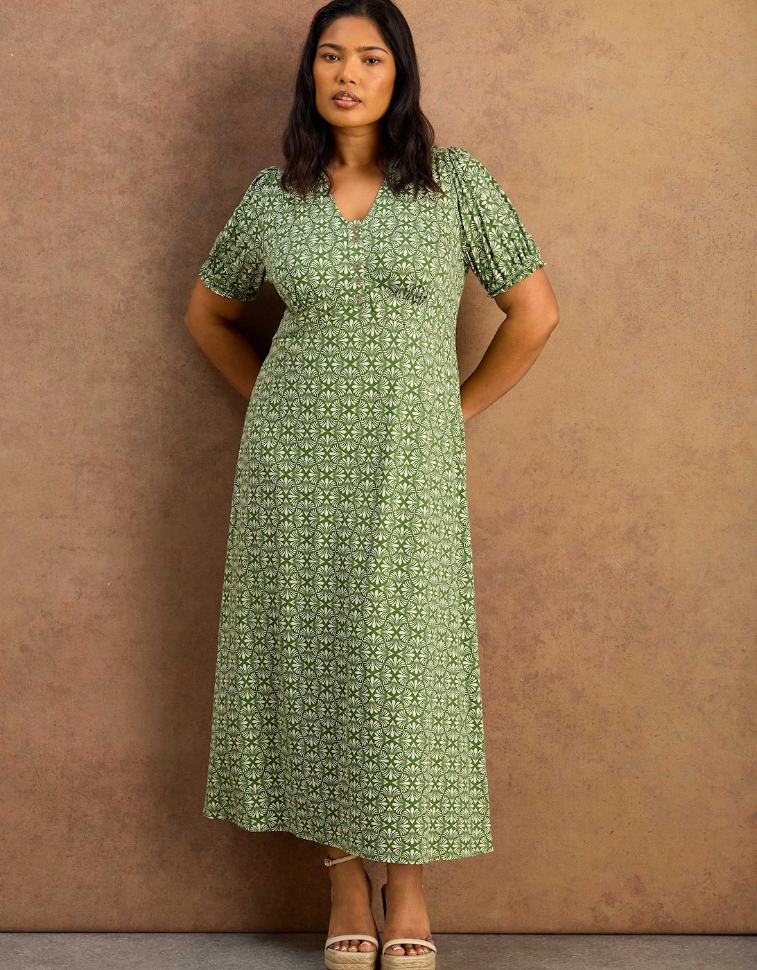 Green Geo Print Jersey Midaxi Dress