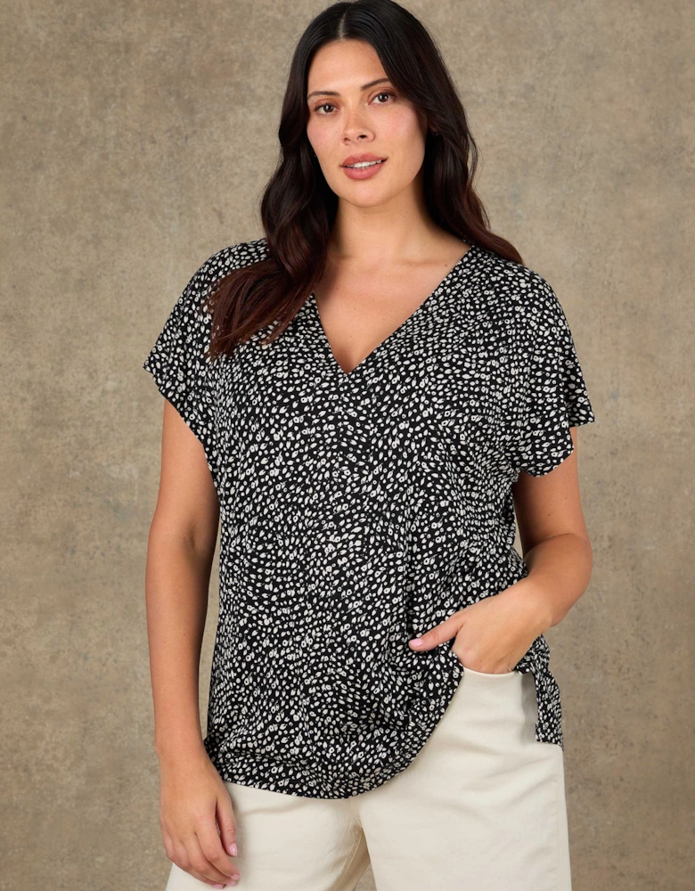 Black Ditsy Print V Neck Top